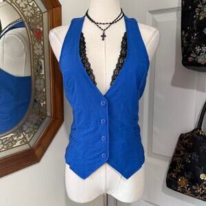 Y2K Have & Have Royal Blue & Black Lace Trim Plunging Whimsy Button Vest Top